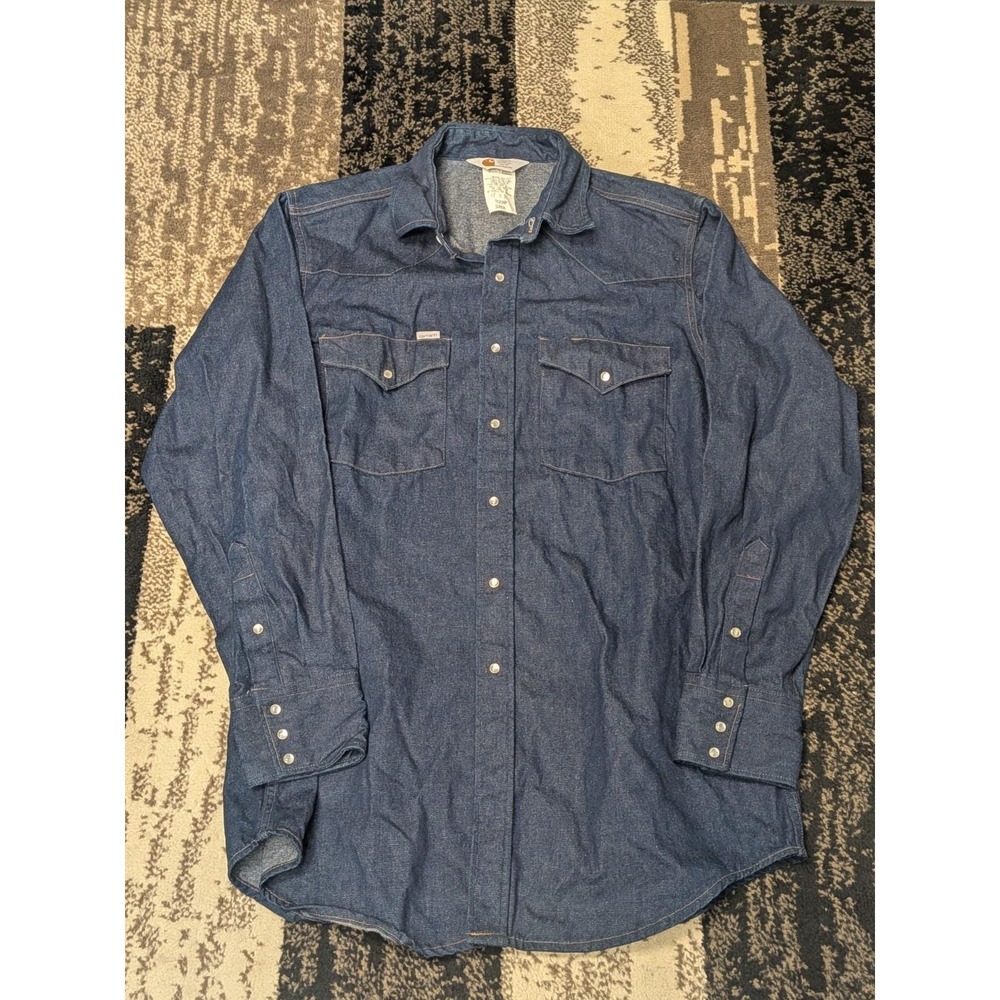 Vintage Carhartt S02 DNM Denim Western Pearl Snap Shirt 17x35 USA Rugged